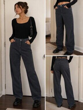Y2K WIDE LEG CORDUROY PANTS BLUE GRAY VINTAGE STYLE